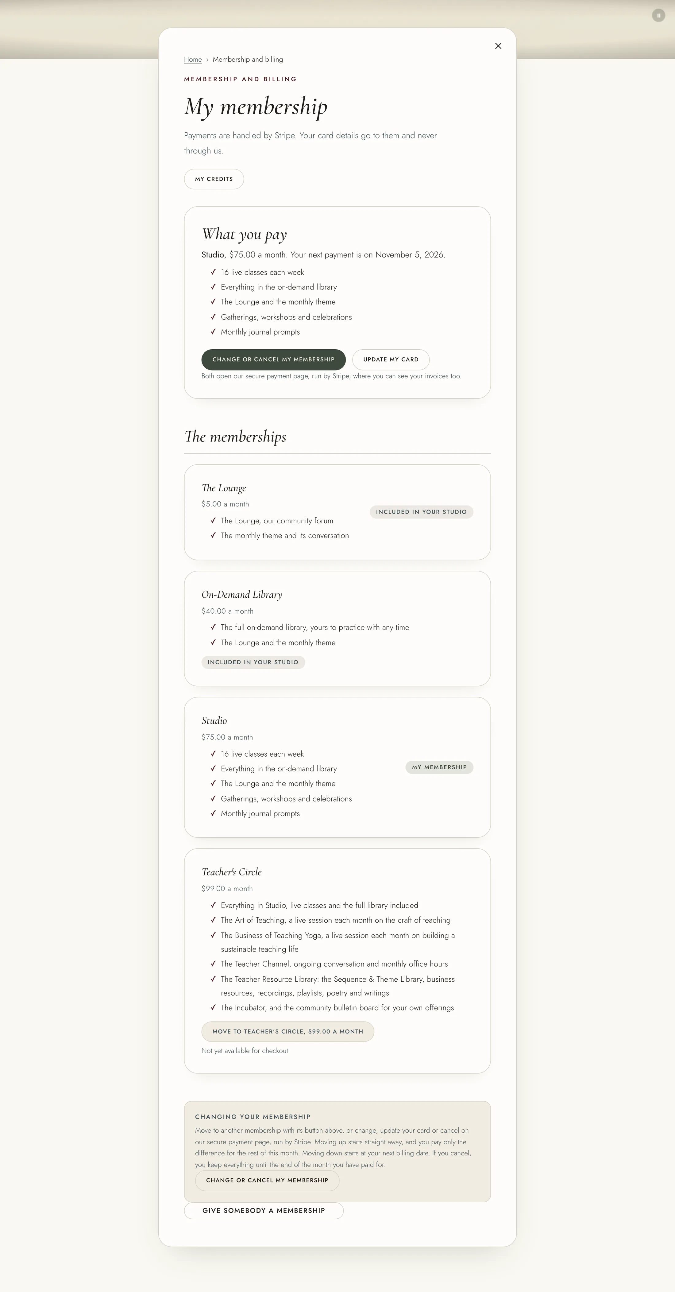 The Membership and billing page, with What you pay and its two buttons