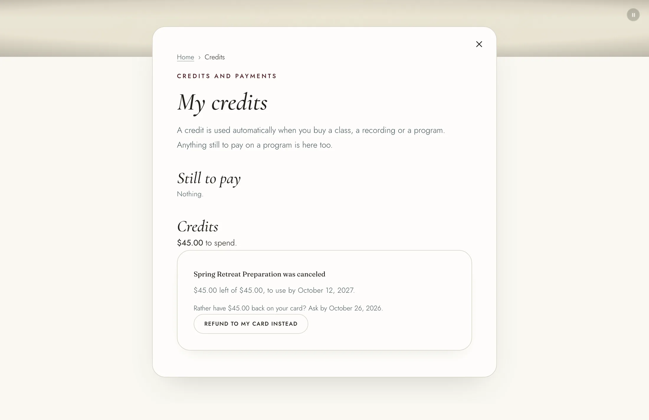The My credits page, with a credit, the amount left and its use-by date