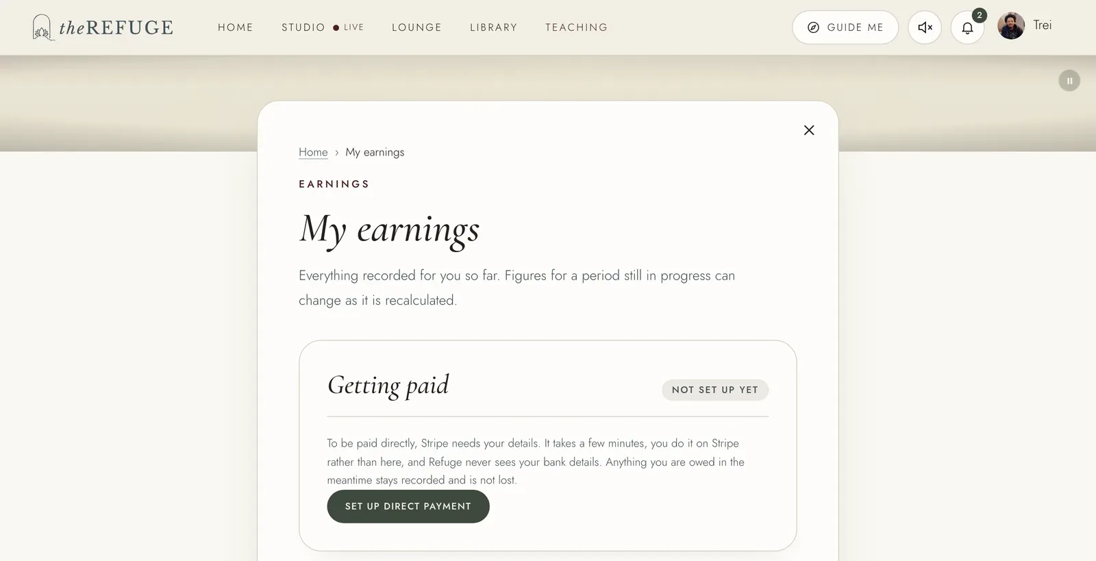 My earnings, with Getting paid and its Set up direct payment button