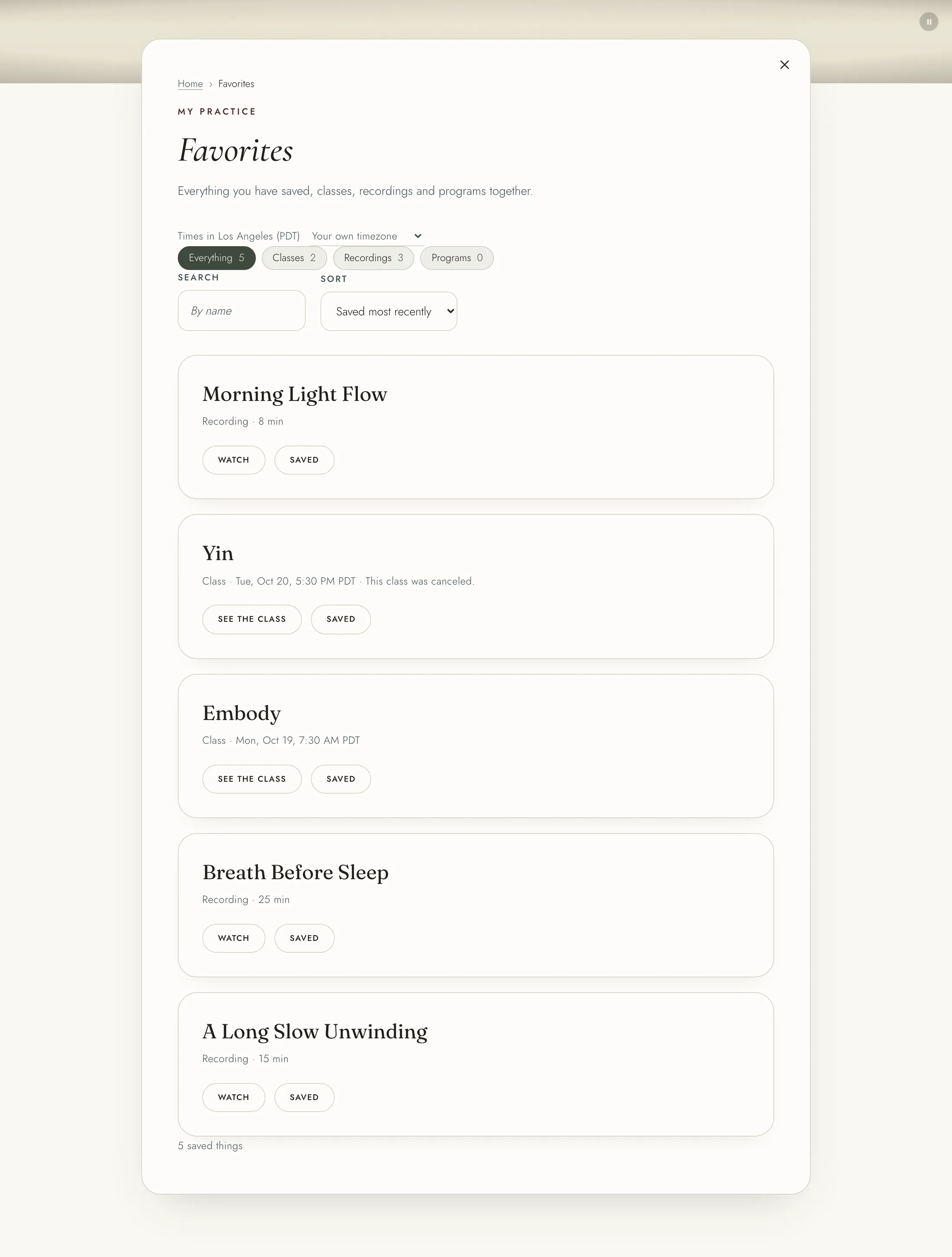 The Favorites page with its chips and a saved recording
