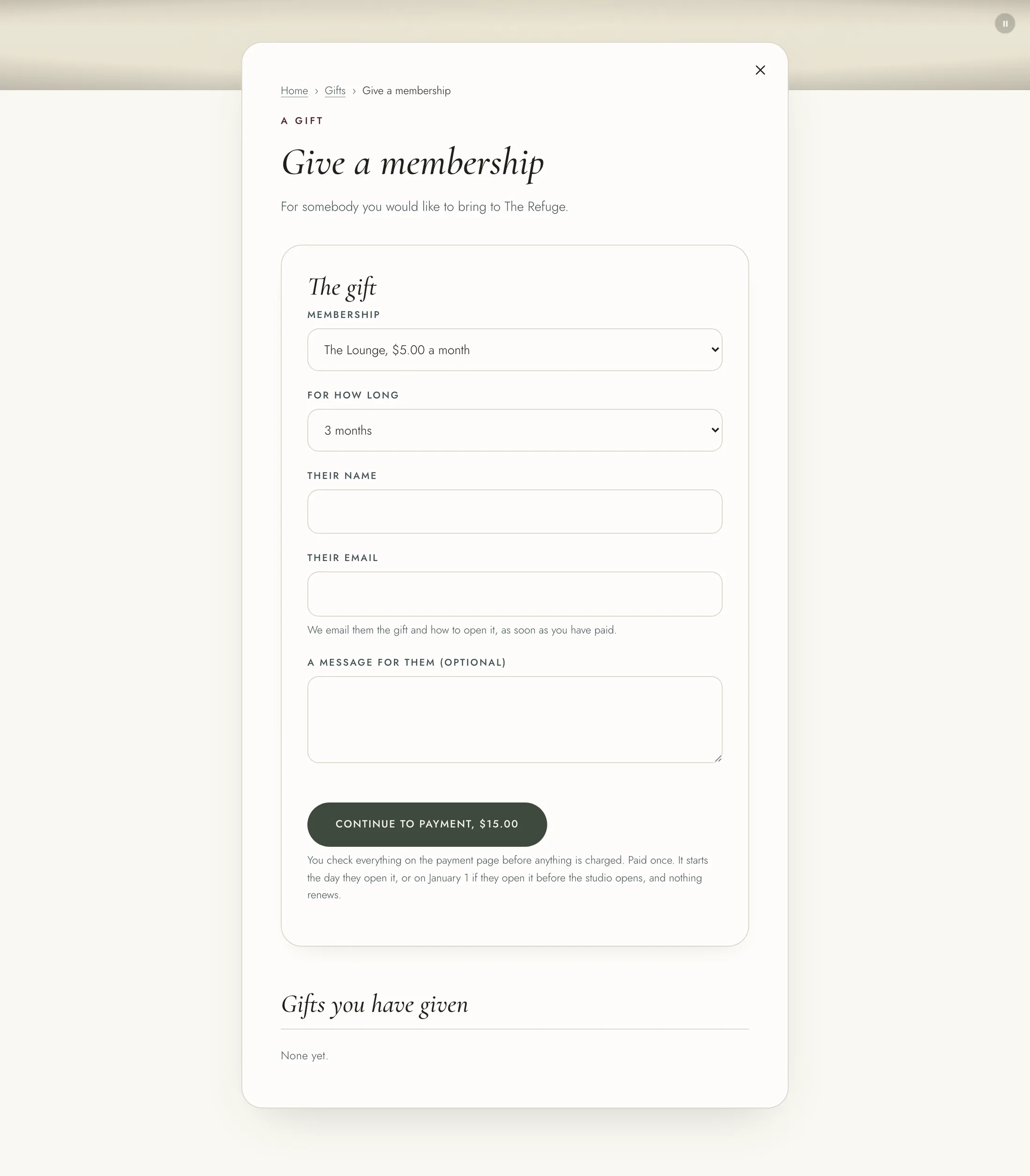 The Give a membership form, with membership, length, their name and email