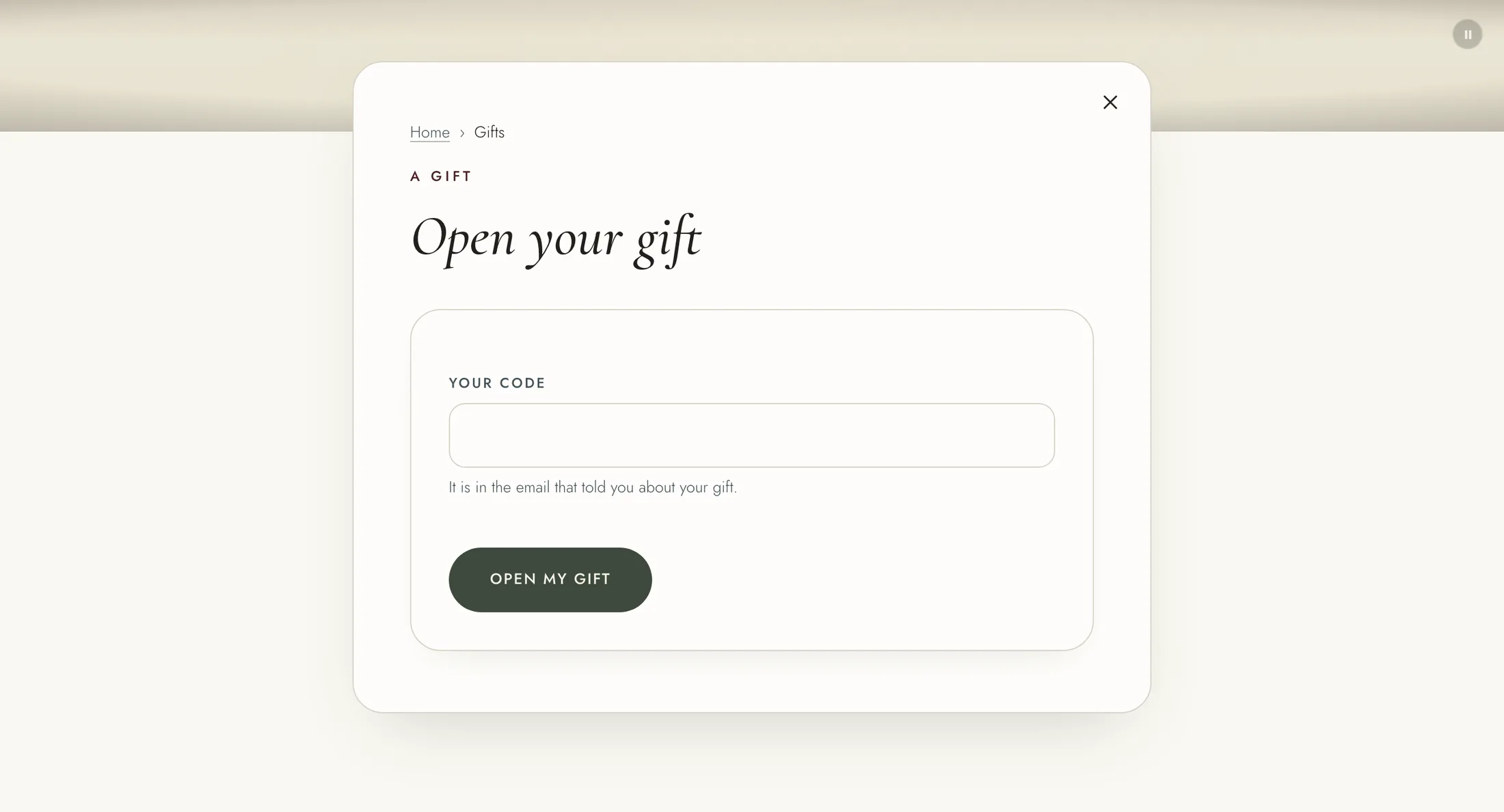The Open your gift page, with the code box and Open my gift