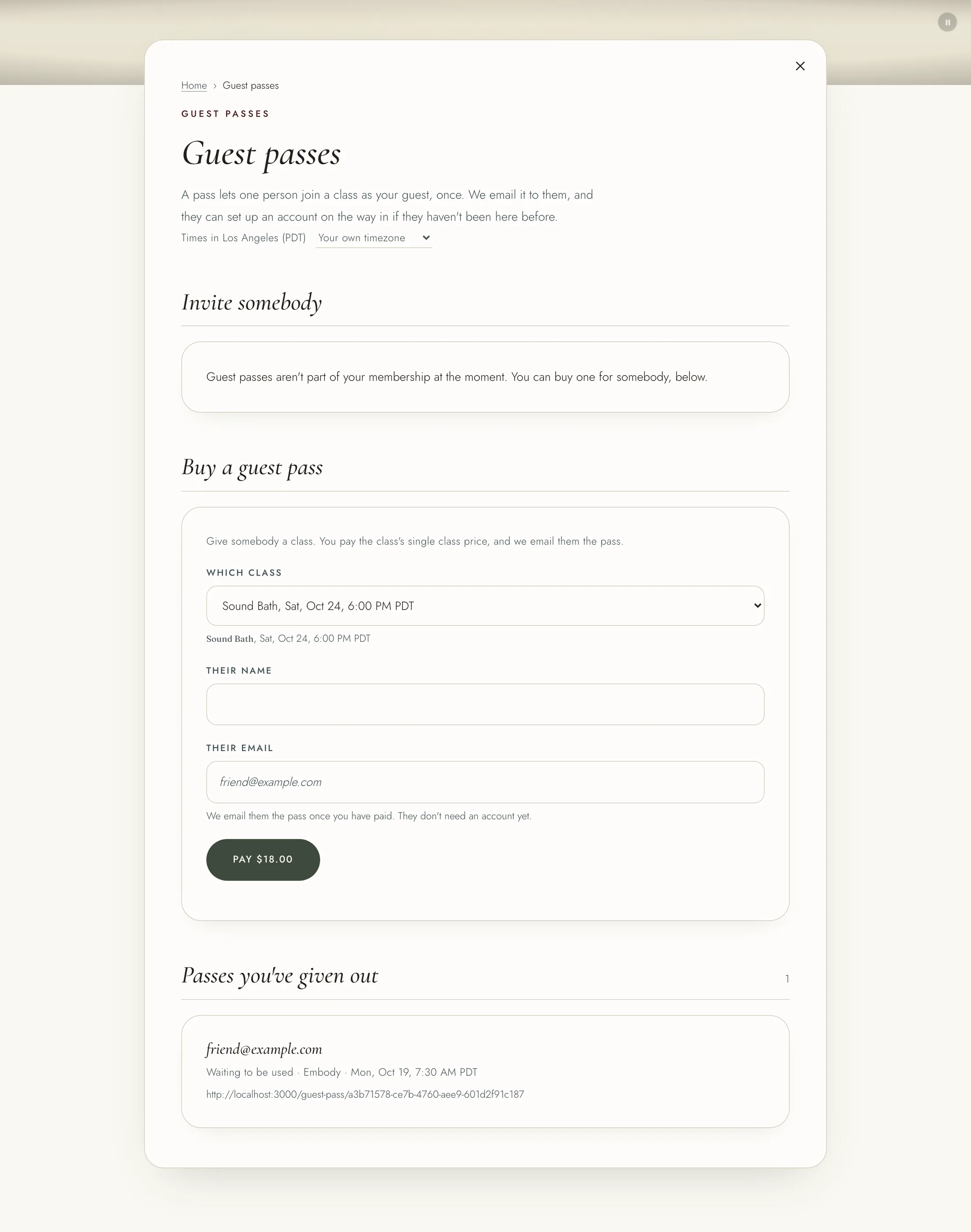 The Guest passes page with "Buy a guest pass" filled in