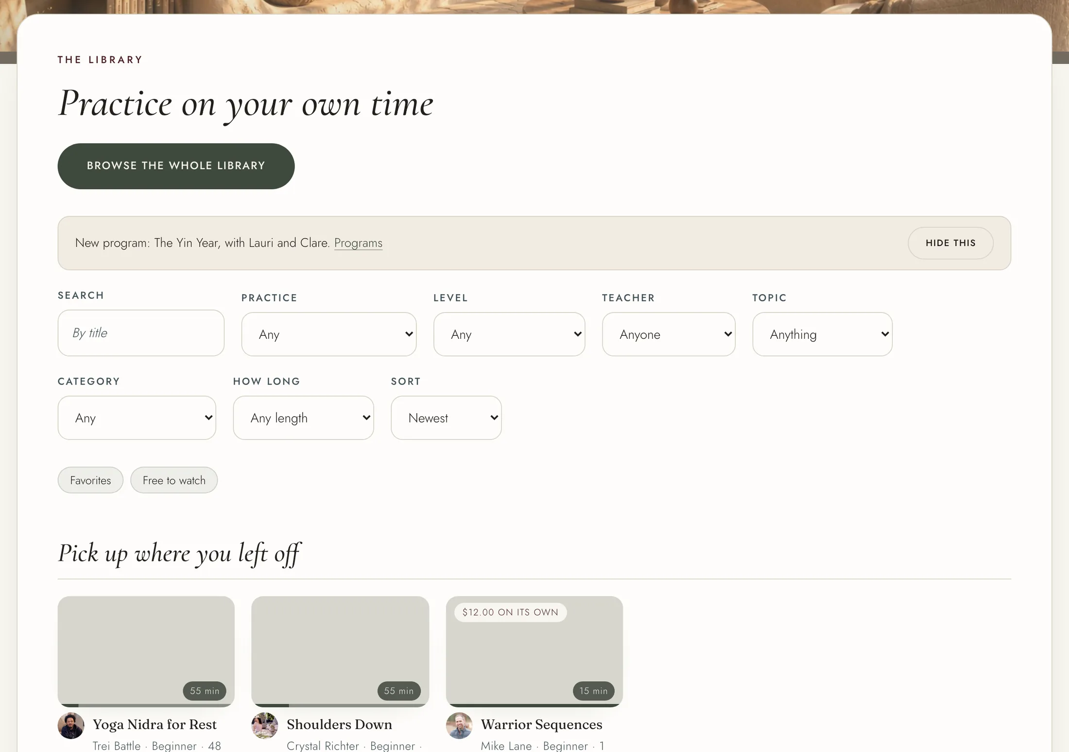 The Library page with the filters and the "Pick up where you left off" shelf