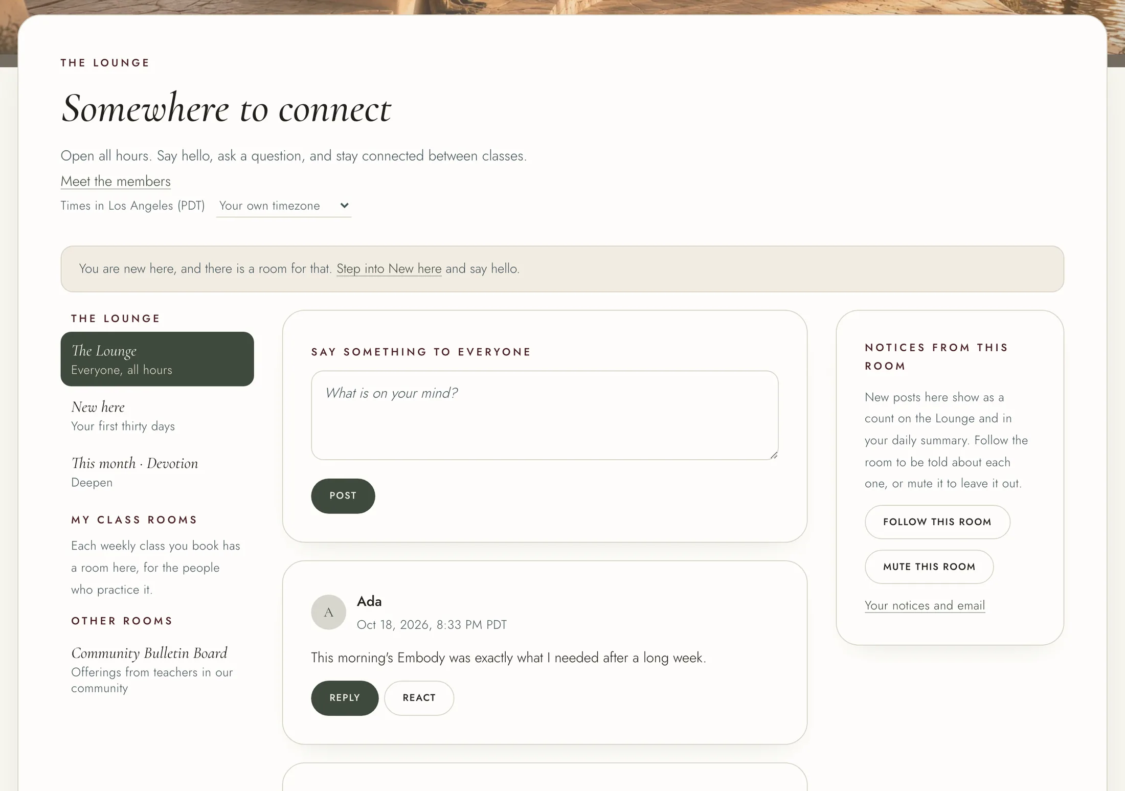 A Lounge room with the rooms list, a post and its Reply and React buttons