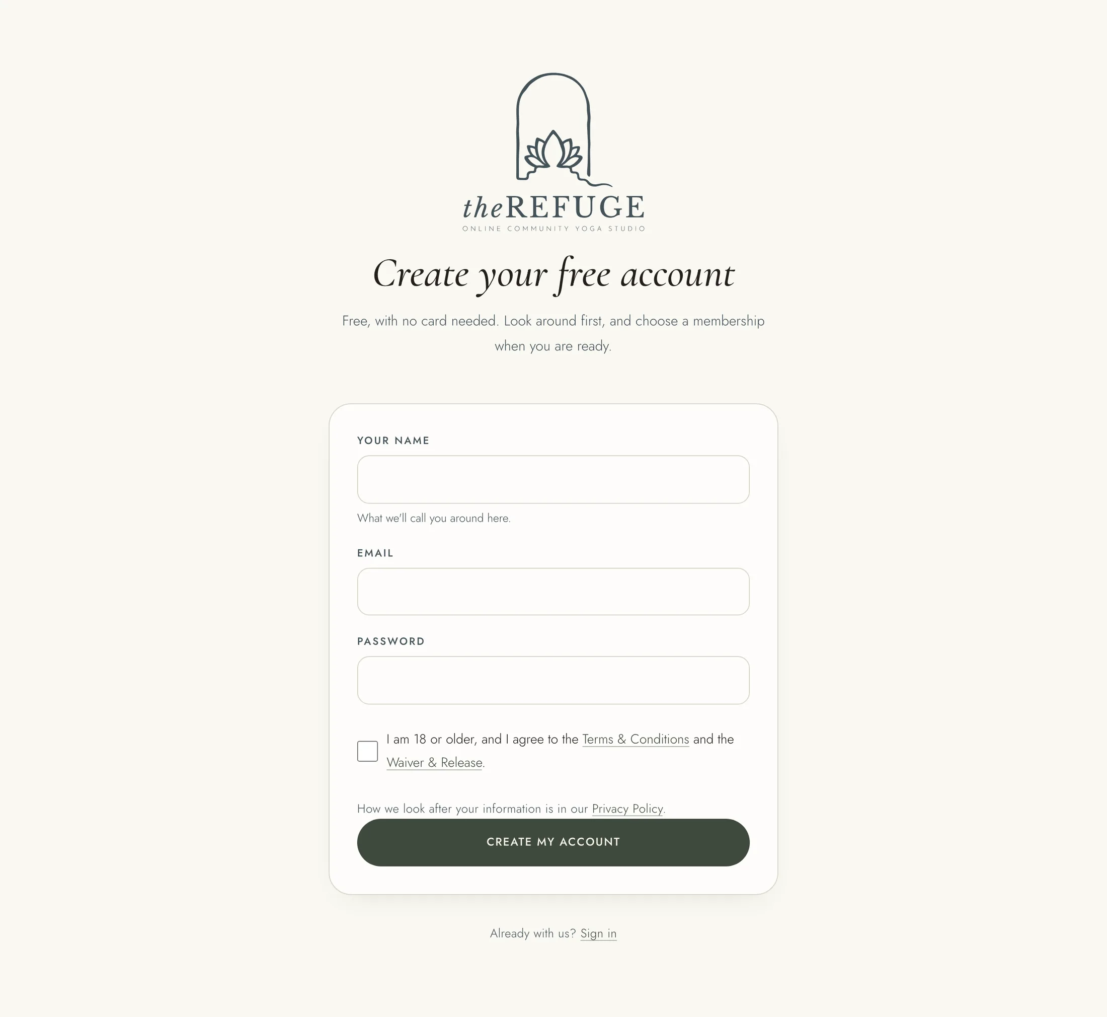 The Create your free account form, with name, email, password and the terms box