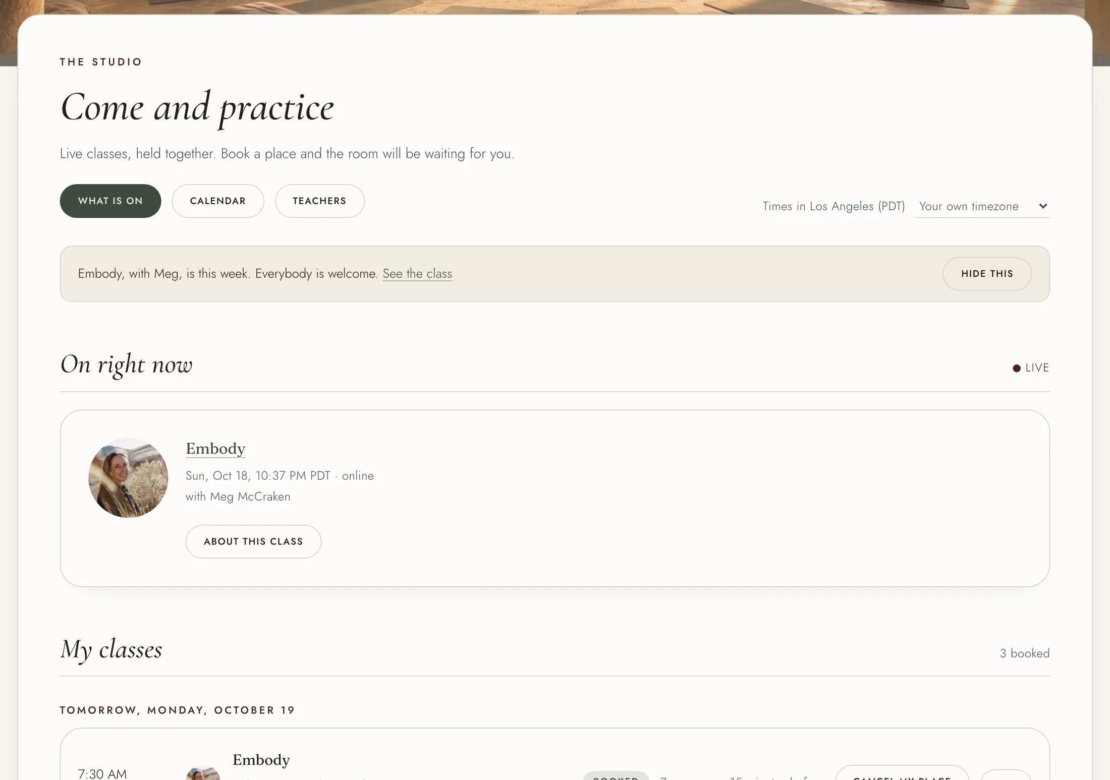 The Studio page, with My classes at the top and Upcoming this week below