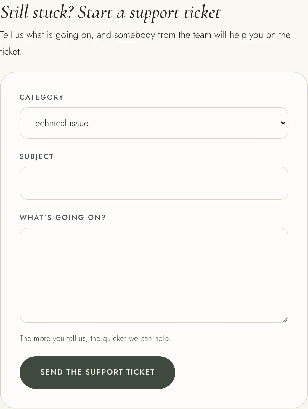 The support ticket form on the Support page